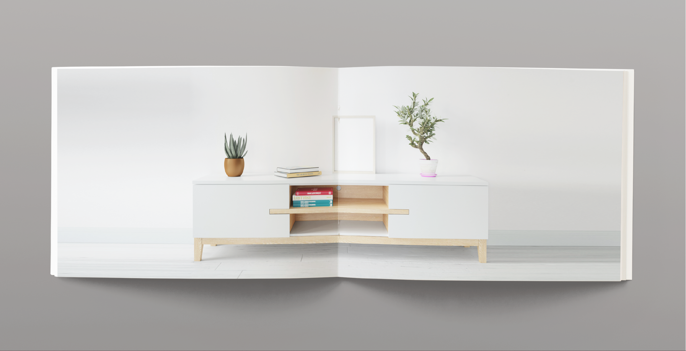 Libro con fotografía de mueble estilo escandinavo, color blanco con detalles en color madera.