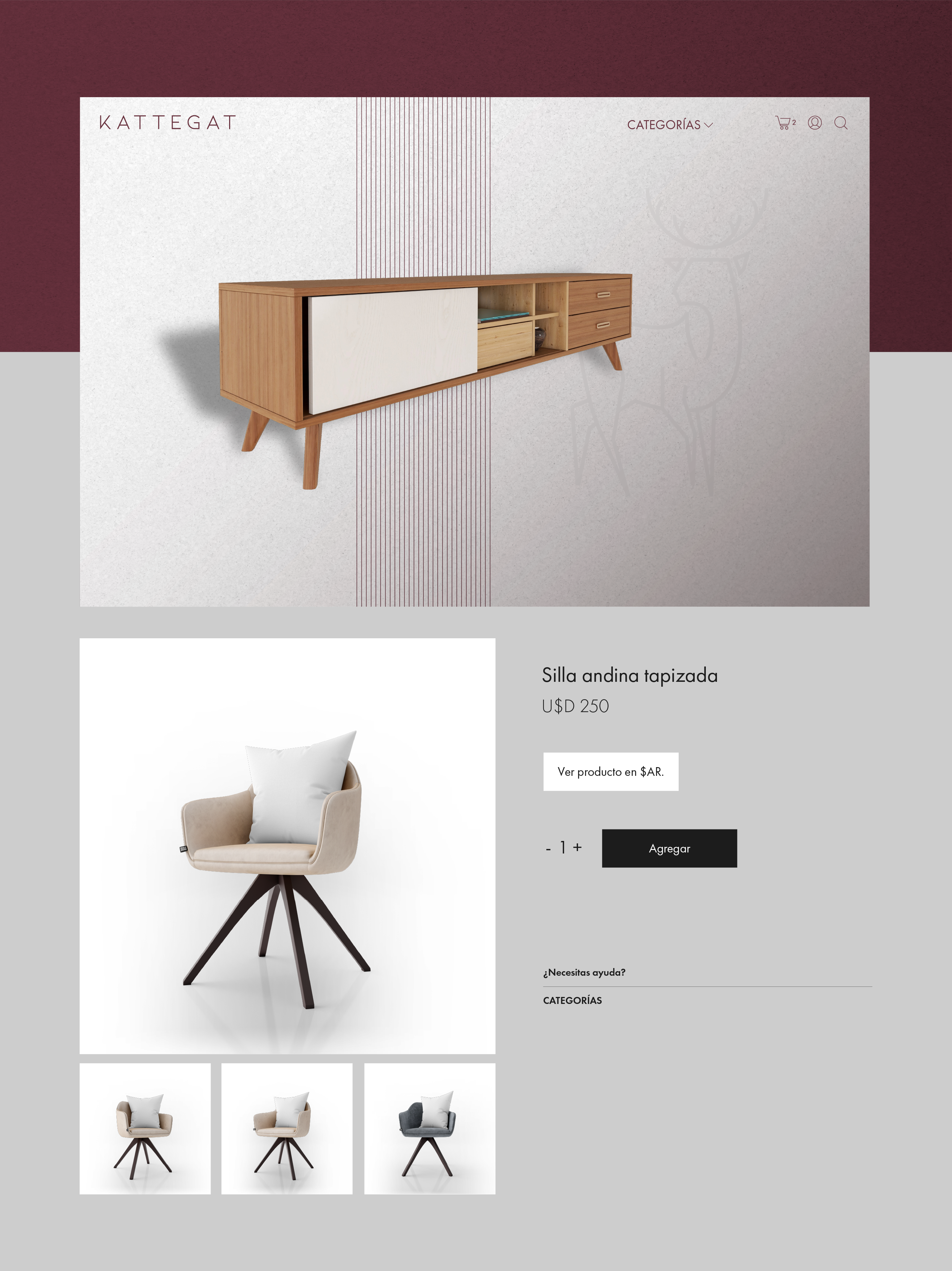 Imagen que muestra el diseño de un sitio web e-commerce. Se ve un escritorio en una de sus páginas y la pantalla del carrito de compras con una sillón estilo escandinavo.