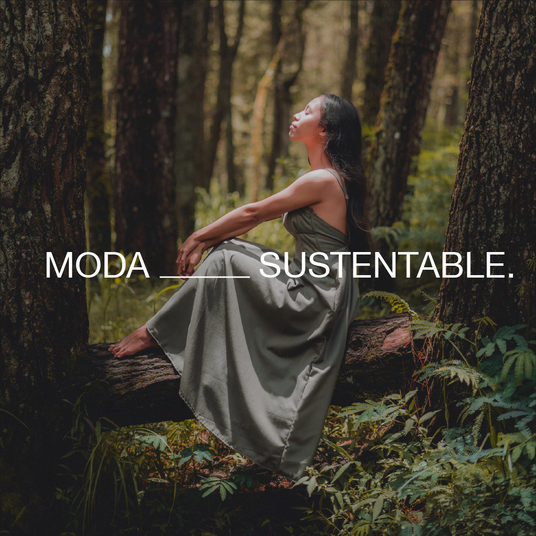 Post para redes sociales. Se ve una chica posando un vestido en un bosque con la leyenda MODA SUSTENTABLE.