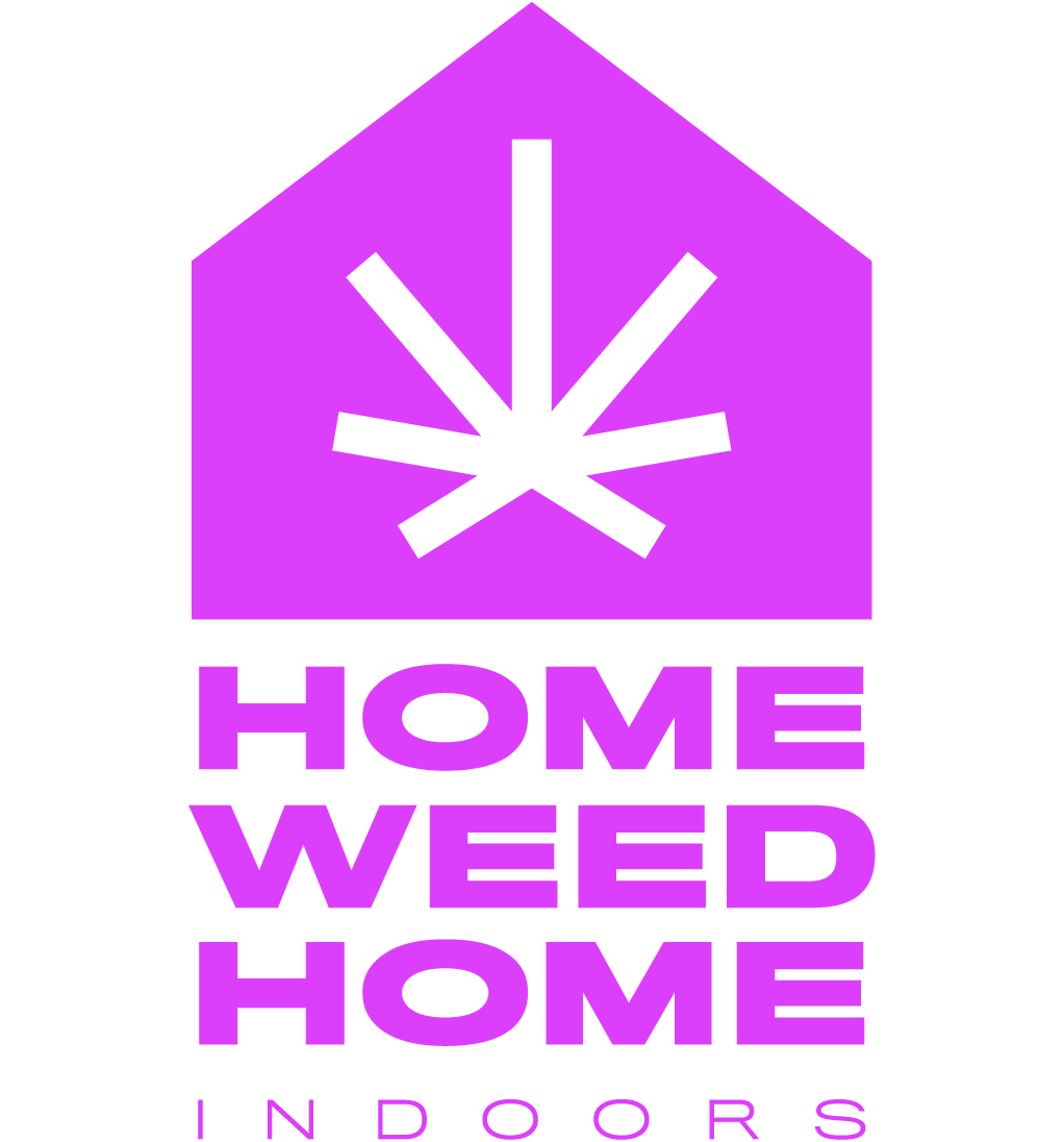 Logotipo en color magenta. Es la forma de una casa que contiene una hoja de cannabis.