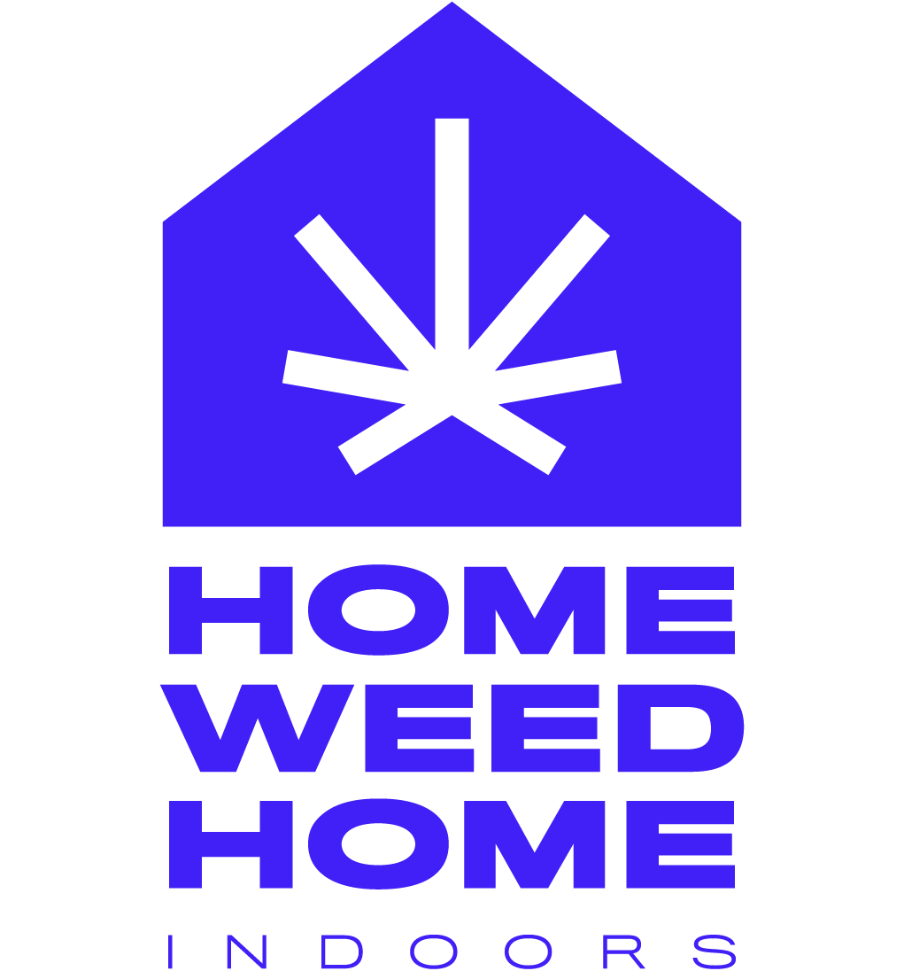 Logotipo en color azul. Es la forma de una casa que contiene una hoja de cannabis.